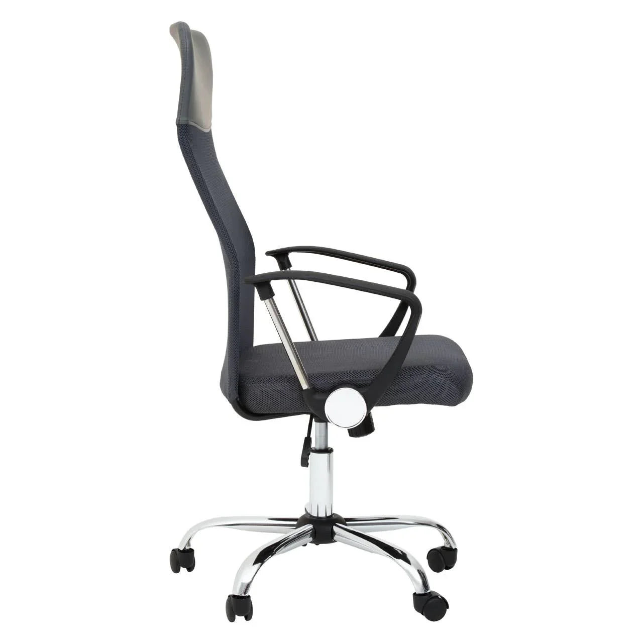 Grey mesh office chair with high back, black armrests, and chrome base, side profile