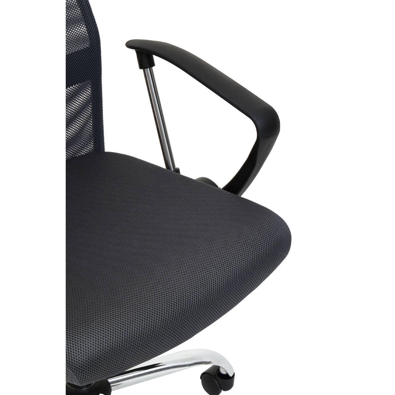 Mesh office chair seat with black armrest and chrome frame on casters