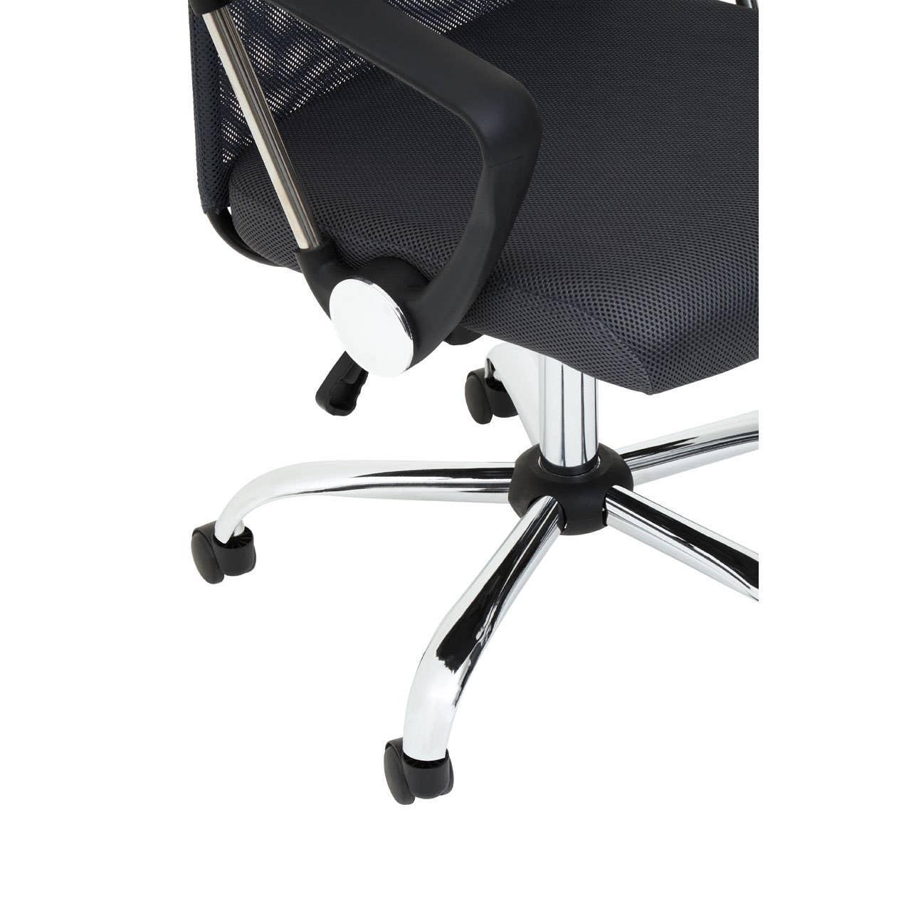 Black mesh office chair seat with armrest and chrome base on casters