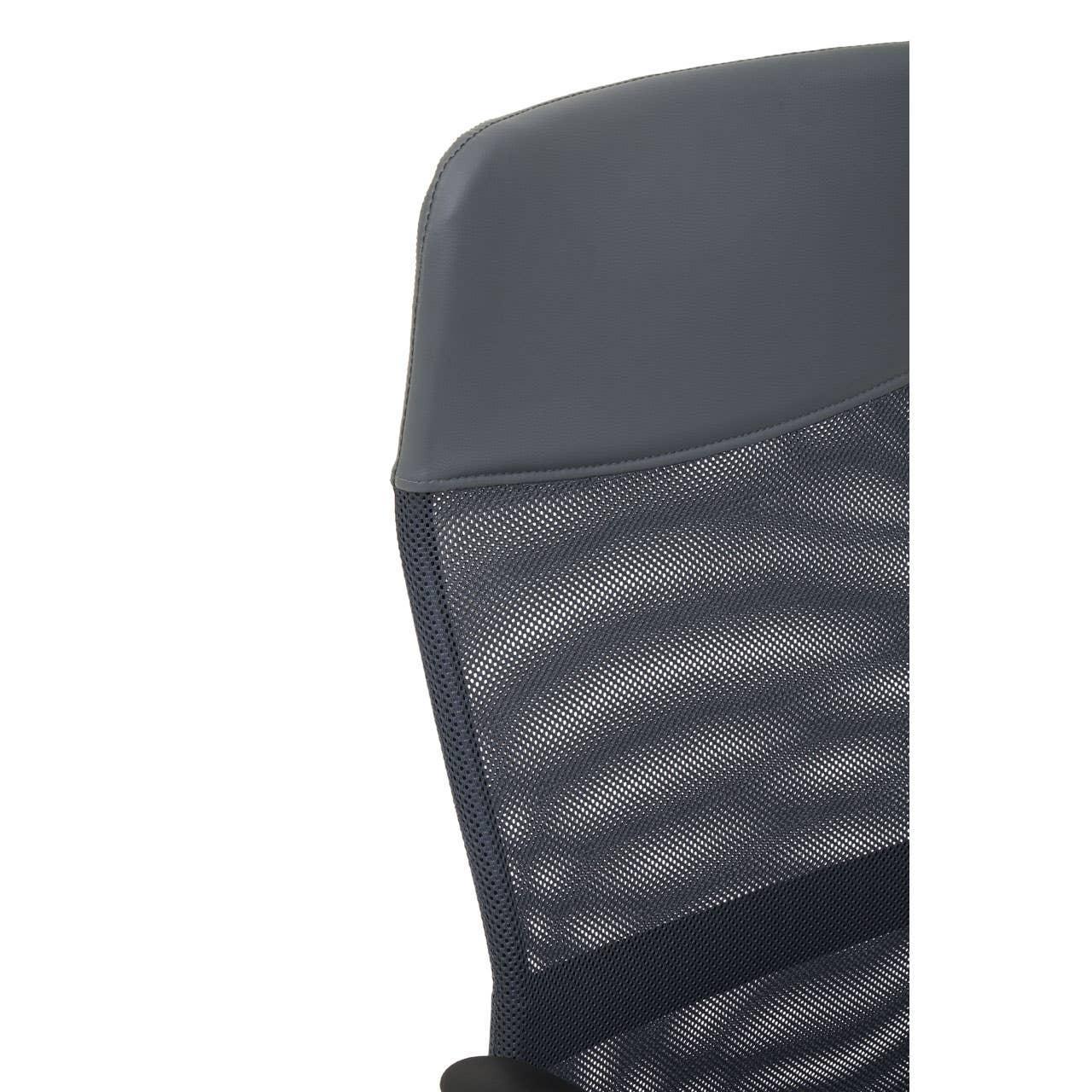 Closeup of grey mesh office chair backrest with headrest detail