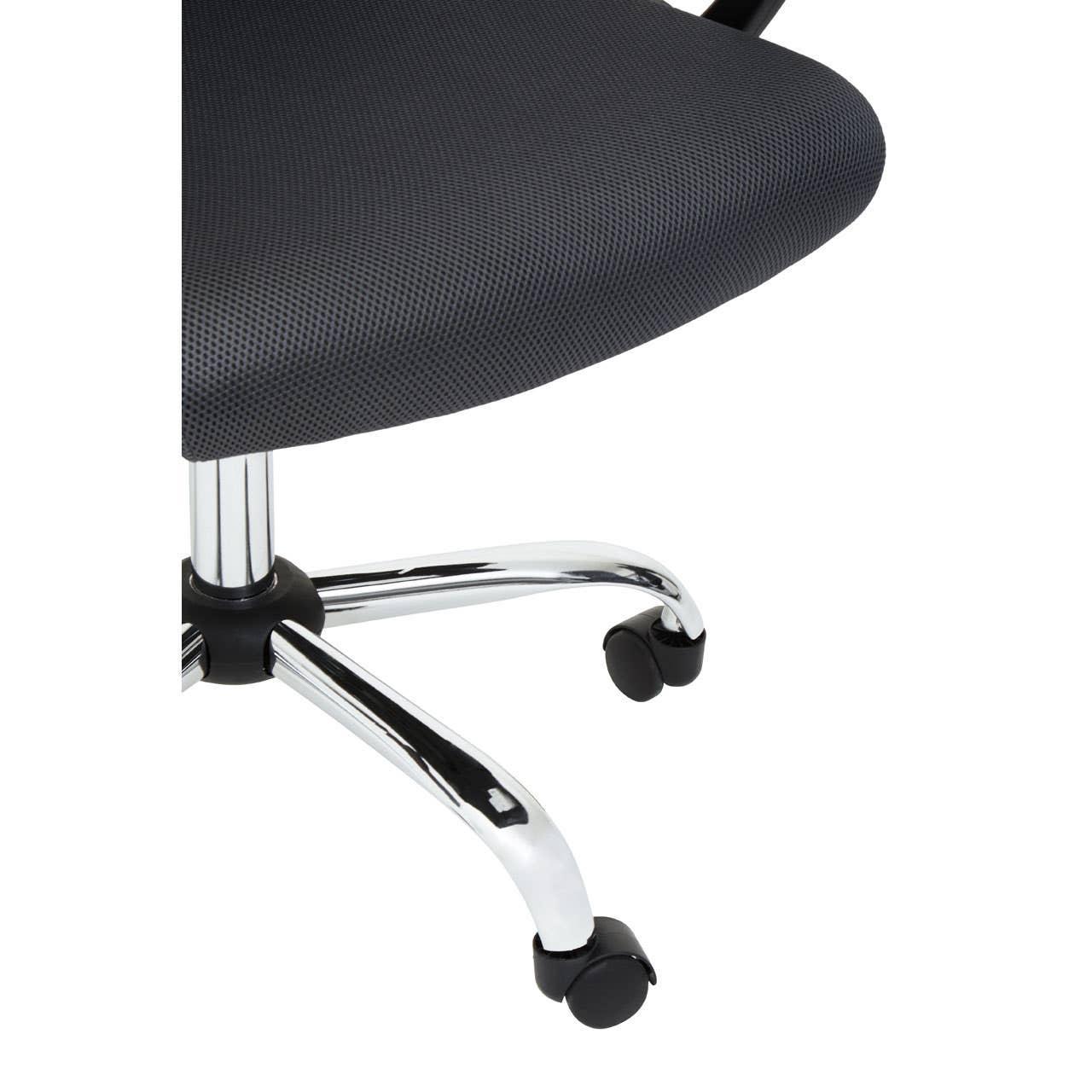 Black mesh office chair seat with chrome metal base and wheels
