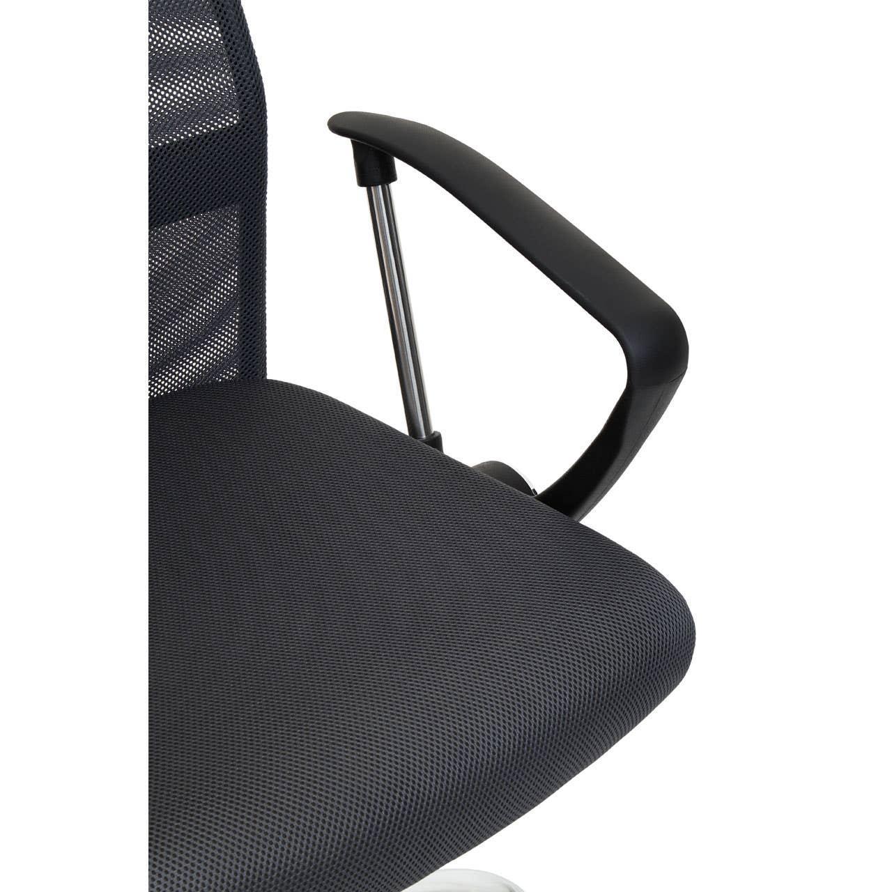 Mesh office chair with black armrest and padded seat closeup