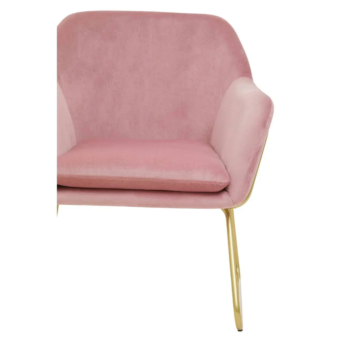 Pink velvet accent chair with curved backrest and gold metal legs, front angle view