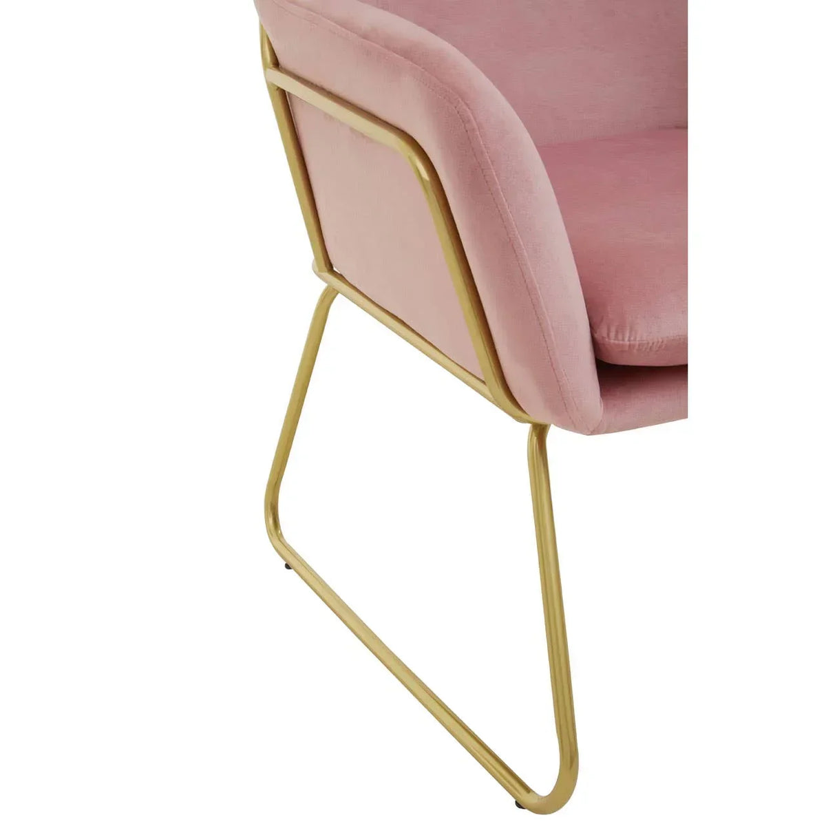 Pink velvet chair with gold metal frame and sled base, rear side view