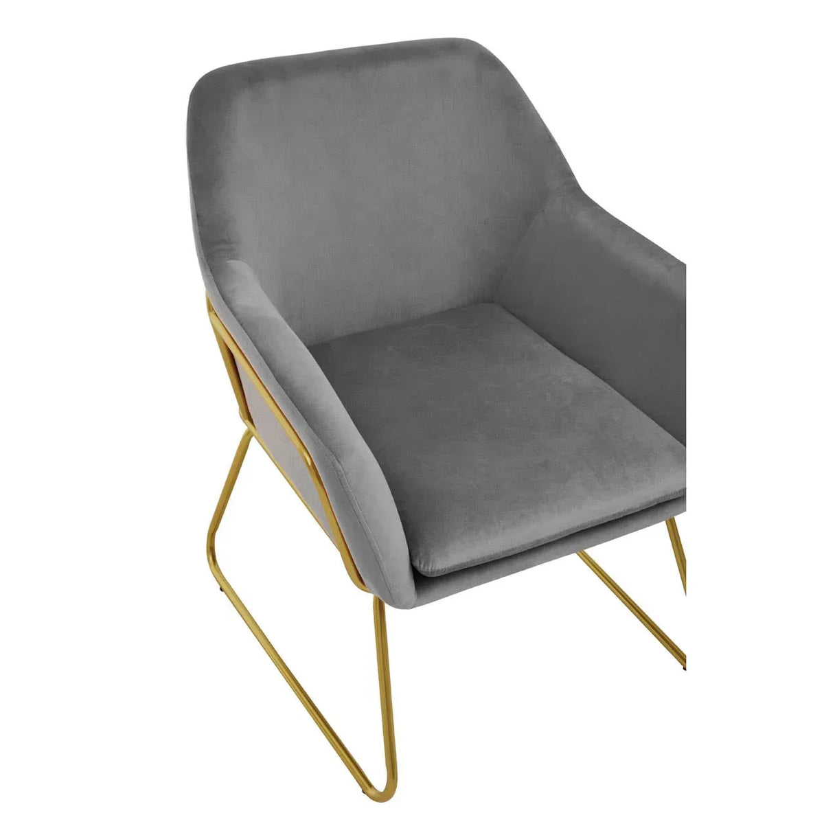 Grey velvet accent chair with gold metal legs and armrests