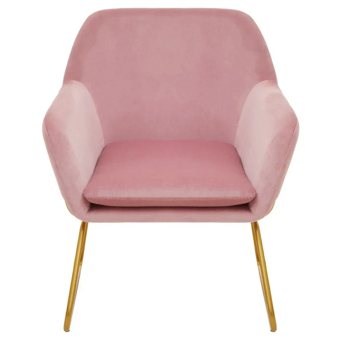 Pink velvet accent chair with gold metal legs, front view