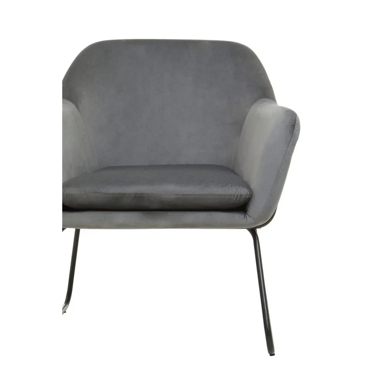 Grey fabric armchair with metal legs and curved backrest, front view