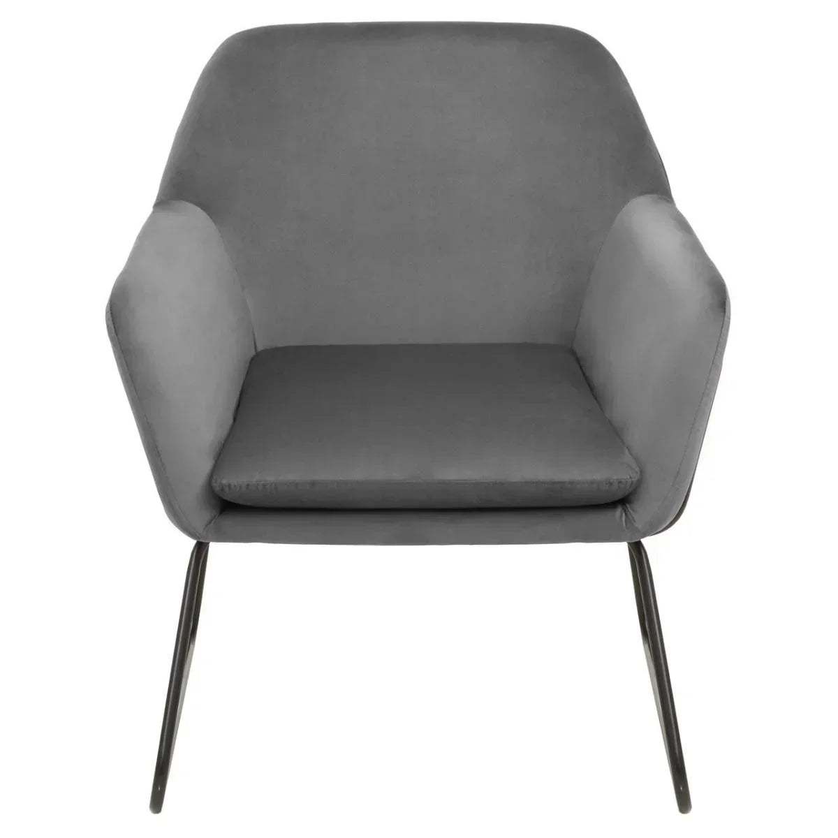 Grey fabric accent chair with padded seat and slim metal legs, front view