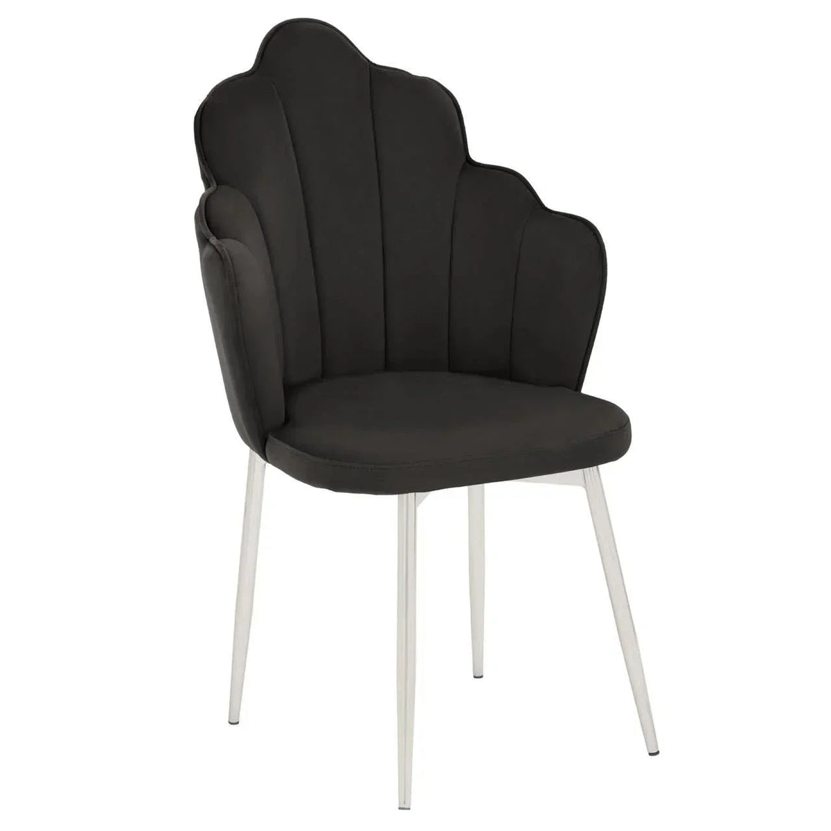 Black velvet dining chair with scalloped shell-shaped back and white metal legs, angled view