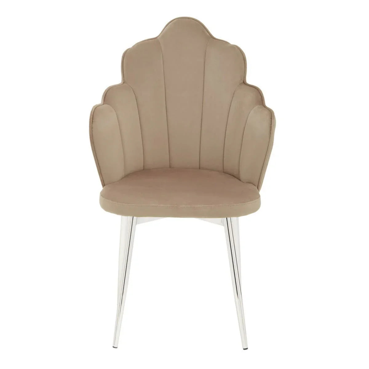 Beige velvet accent chair with scalloped backrest and chrome legs front view