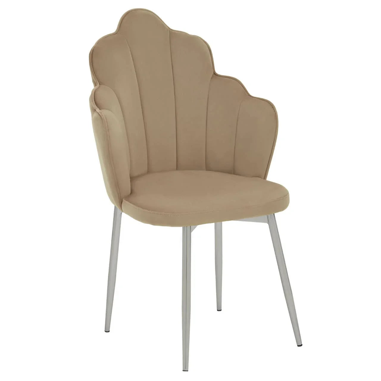 Beige velvet accent chair with scalloped backrest and slim metal legs, angled front view
