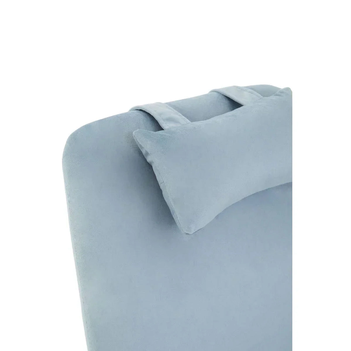 Light blue fabric chaise lounge with matching pillow and headrest detail