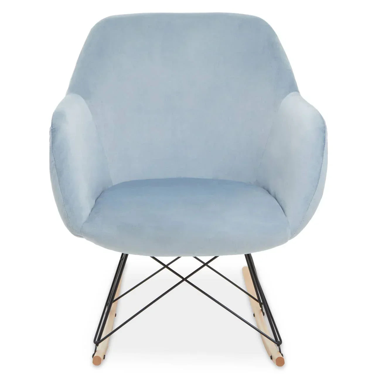 Light blue velvet armchair with black metal and wooden rocking legs, front view