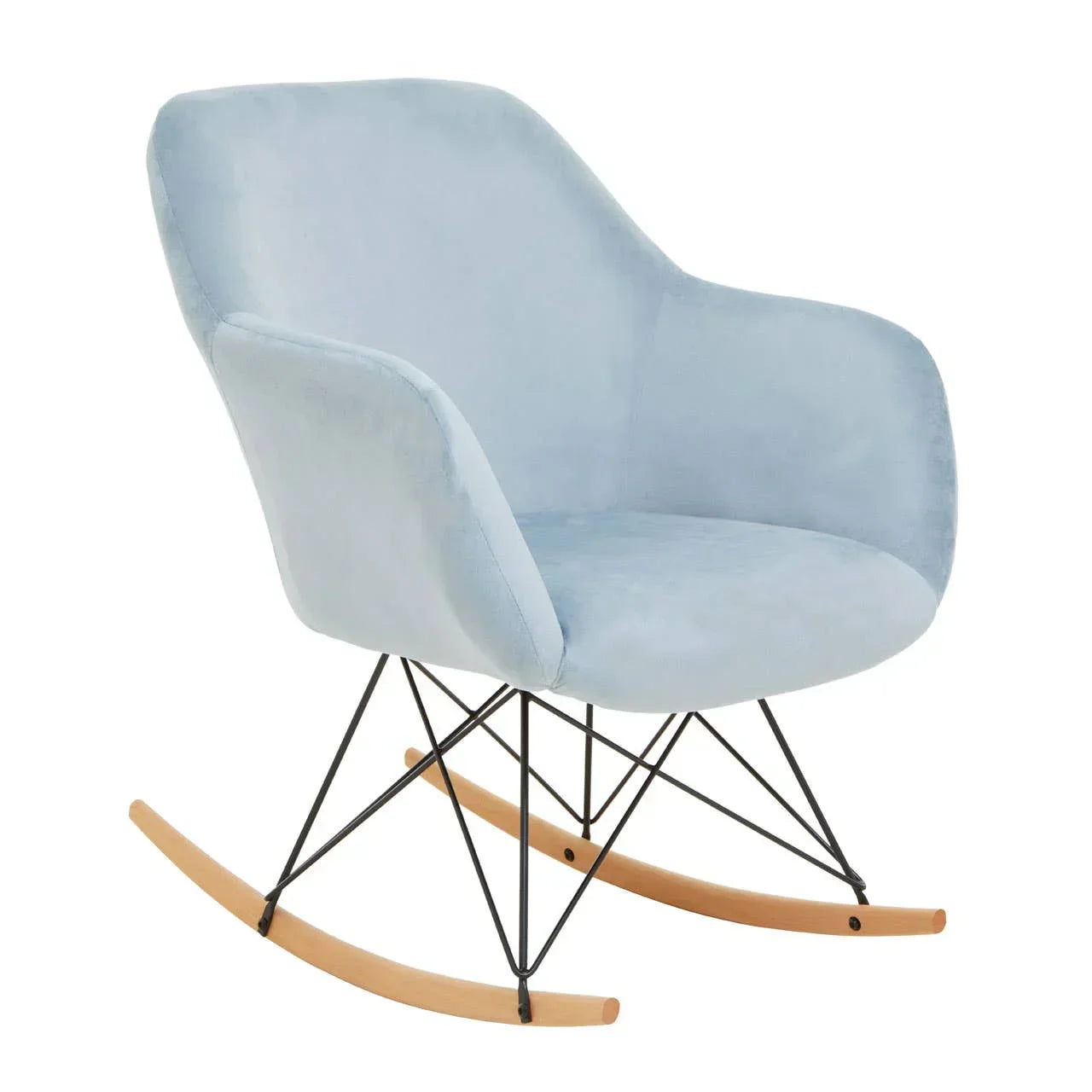 Light blue velvet upholstered rocking chair with wooden rockers and black metal legs
