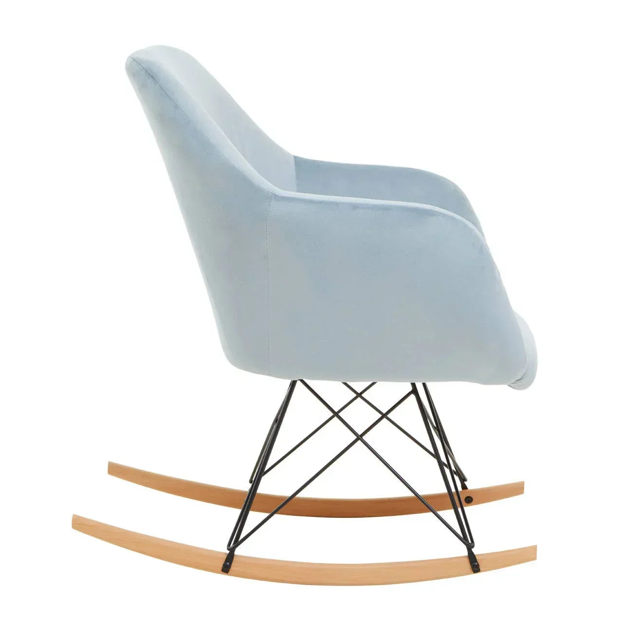 Side view of light blue fabric rocking chair with black metal legs and wooden rockers