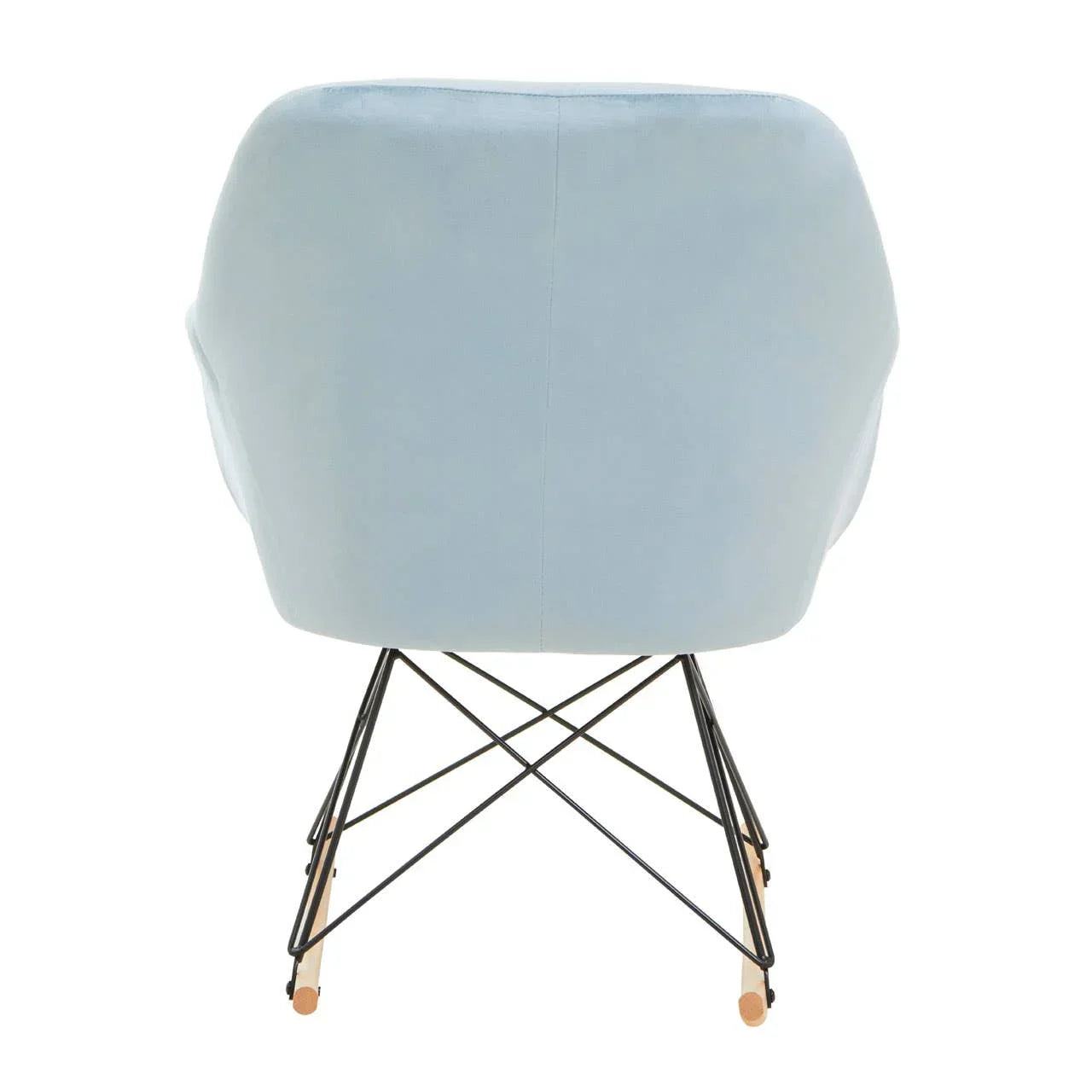 Light blue accent chair with black metal legs and wooden rockers, rear view