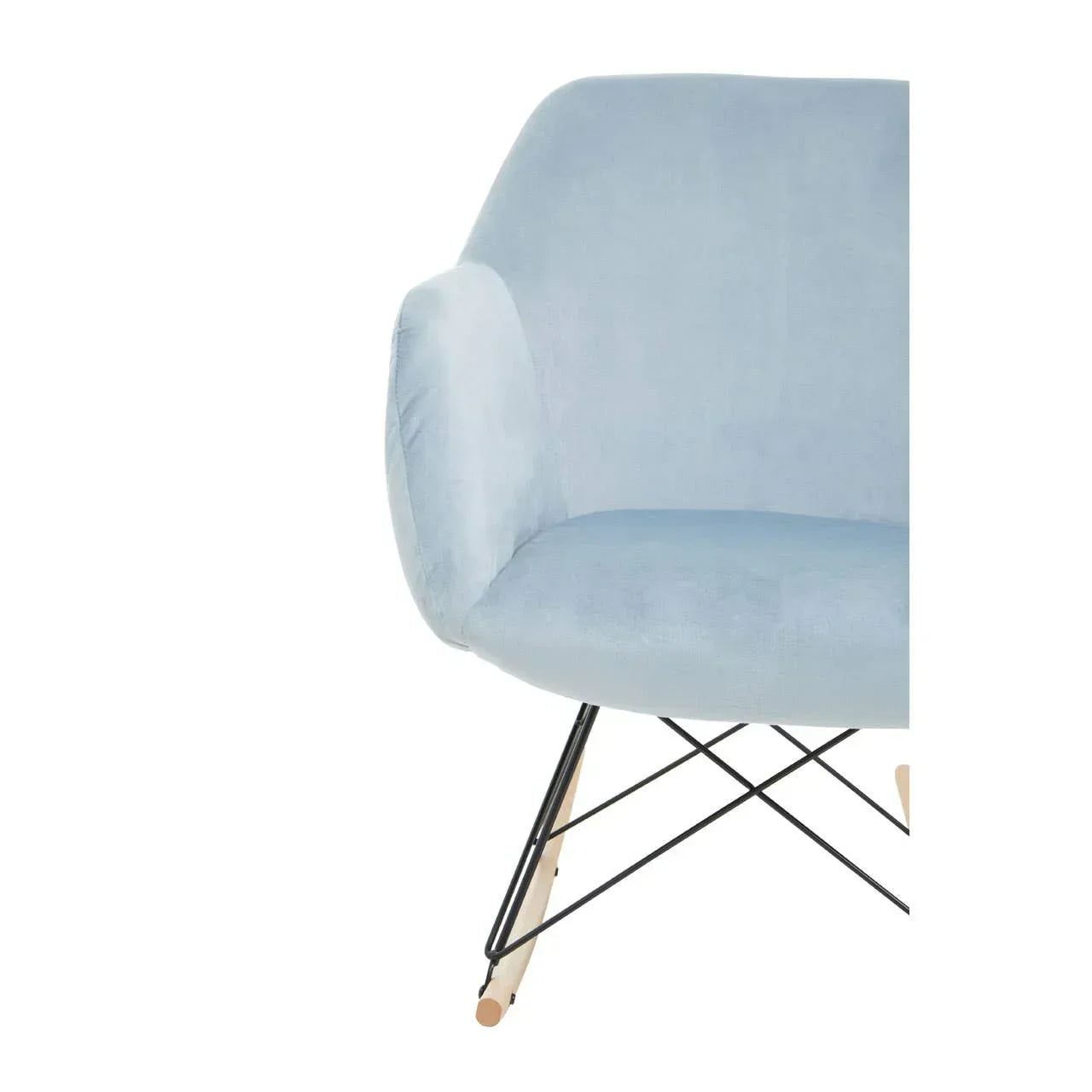 Light blue upholstered armchair with curved back and wooden legs, side view