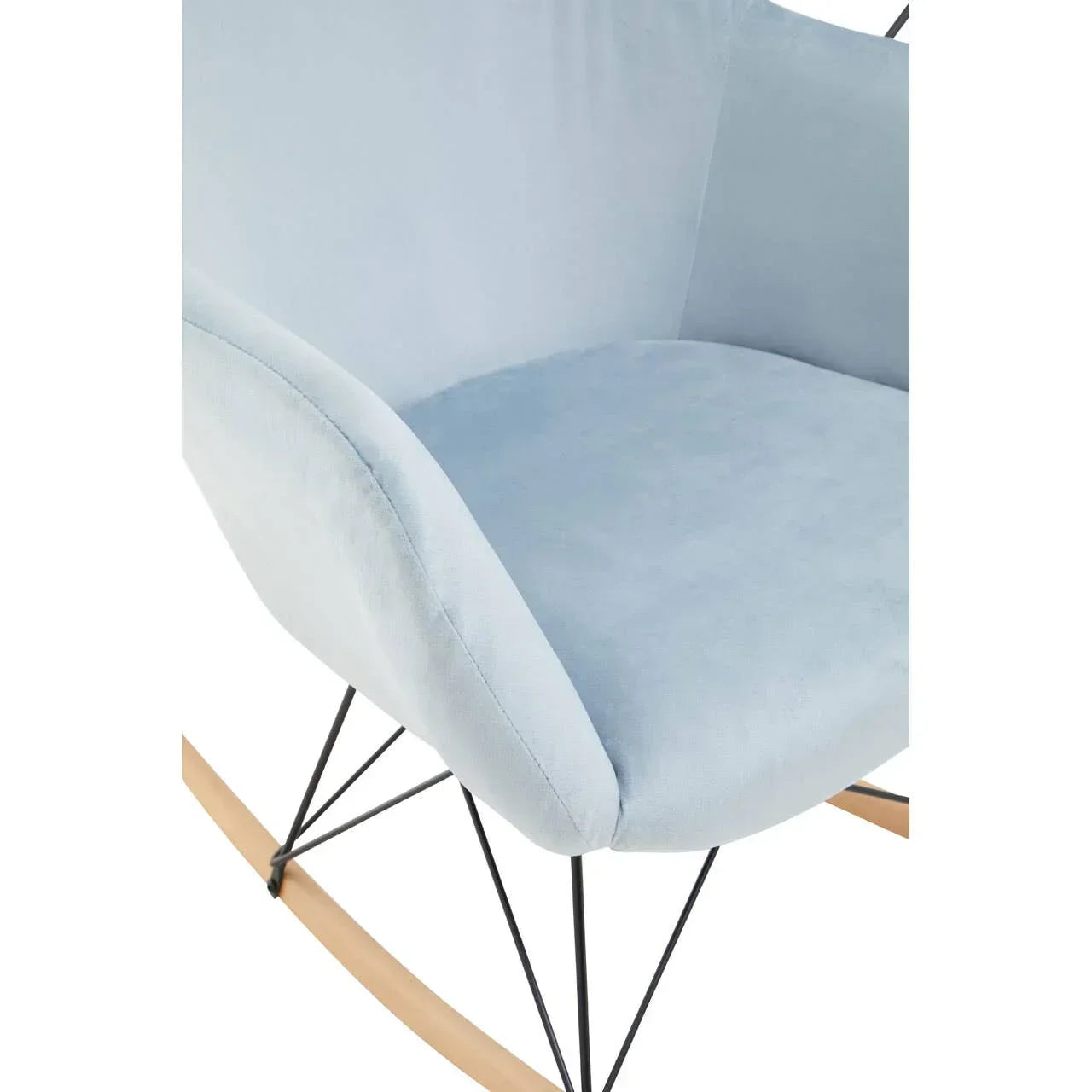 Close view light blue velvet rocking chair with wooden runners and black metal legs