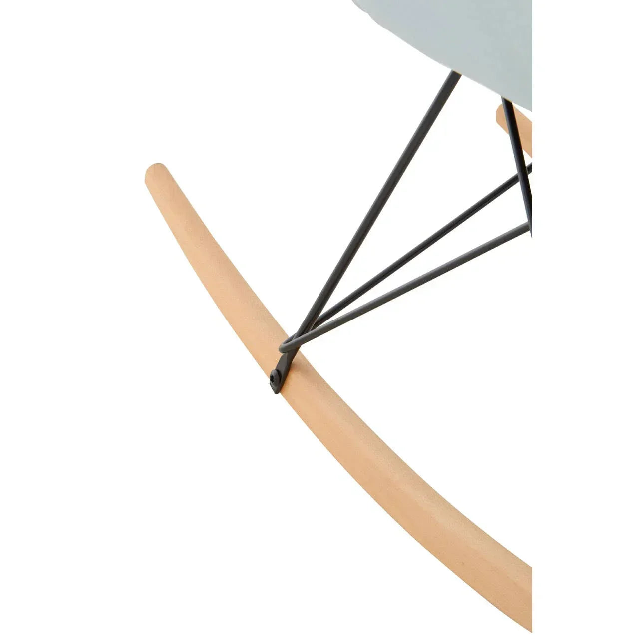 Wooden rocking chair base with black metal supports, close-up view of leg and runner