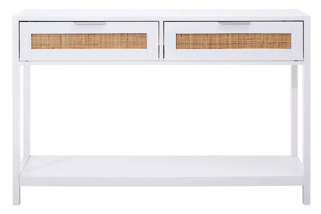 White console table with two rattan front drawers and lower shelf, modern hallway furniture