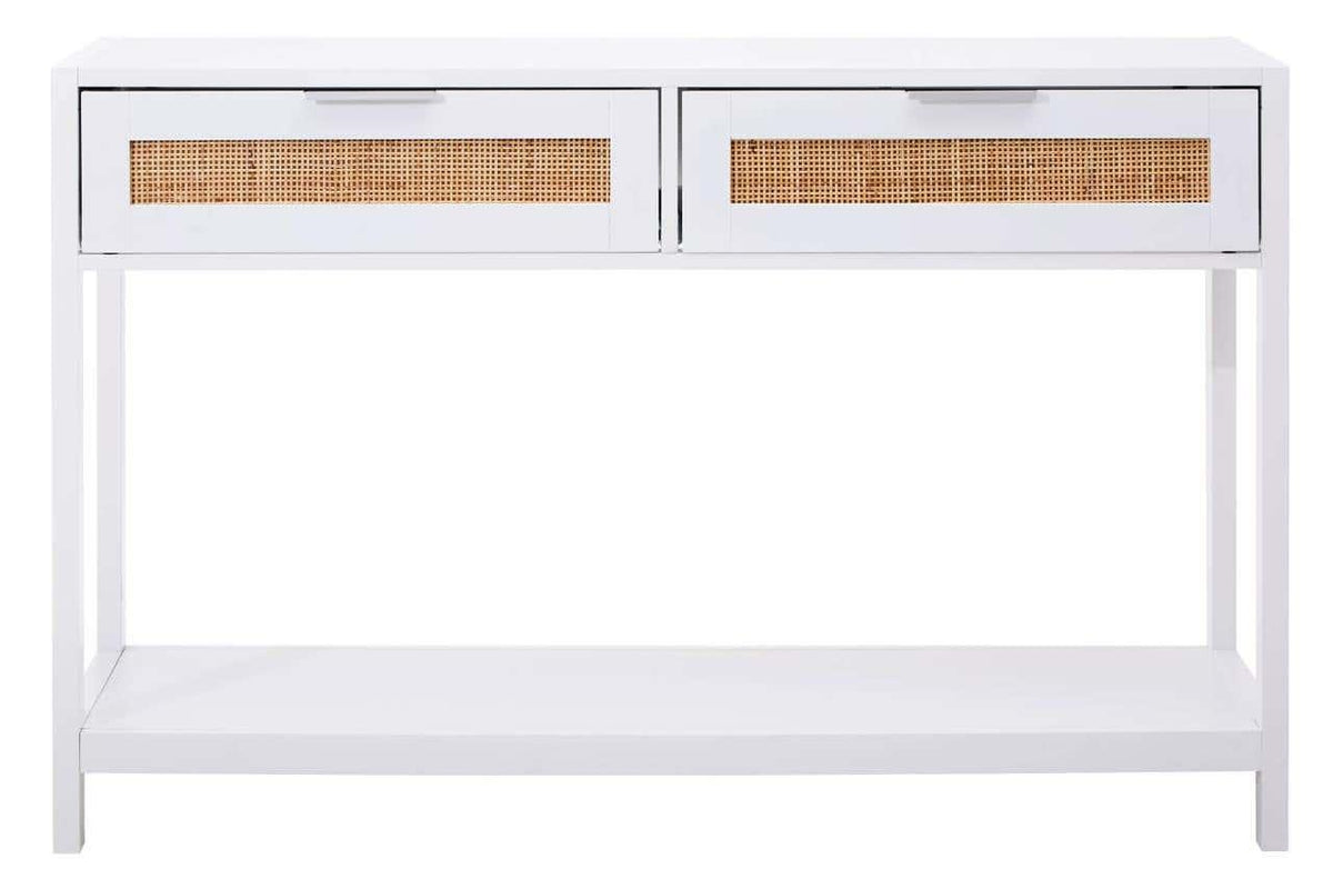 White console table with two rattan front drawers and lower shelf, modern hallway furniture