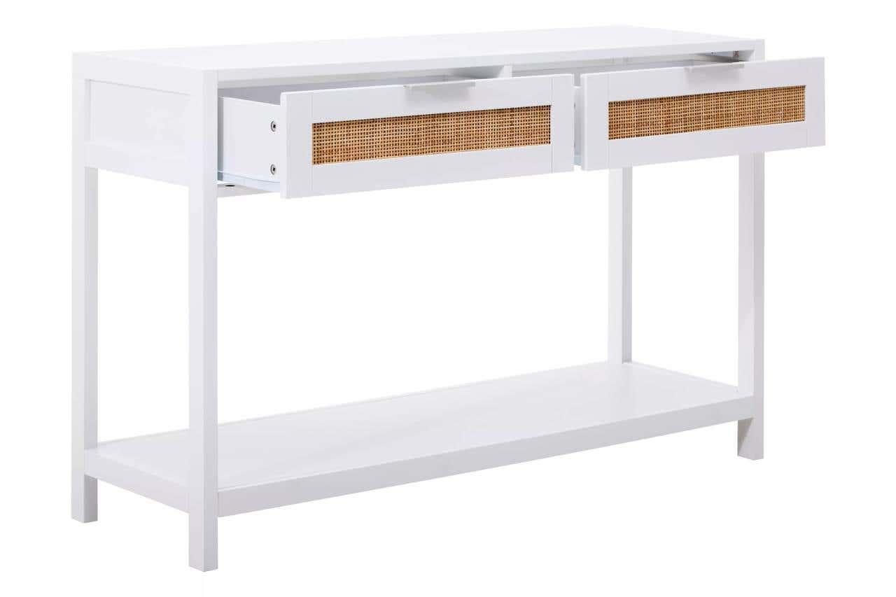 White console table with open rattan drawers and lower storage shelf