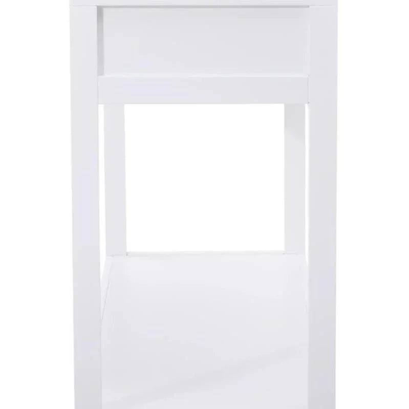 White wooden side table with lower shelf, shown from front angle