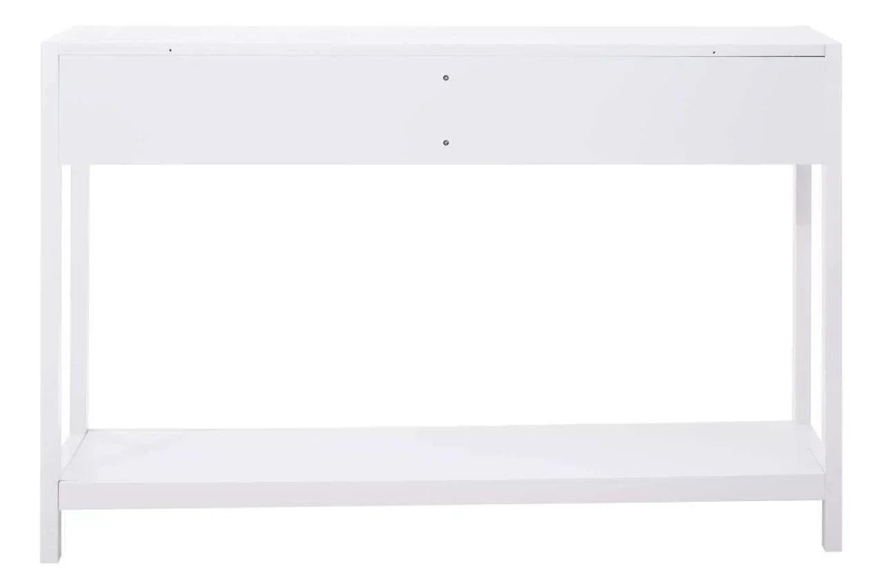 White console table with clean lines and lower shelf, front view