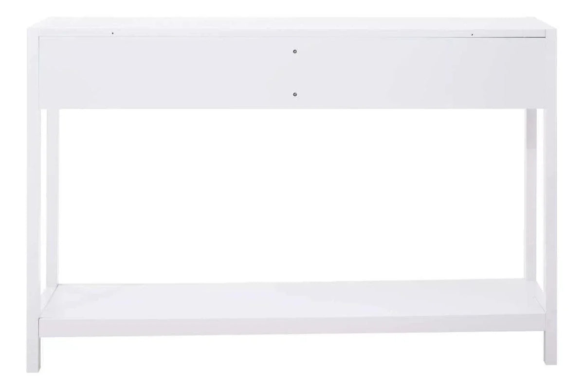 White console table with clean lines and lower shelf, front view