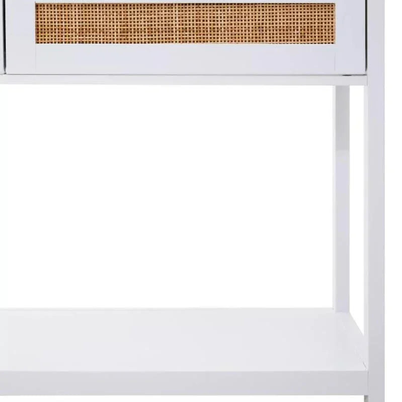 White console table with rattan drawer front and lower shelf