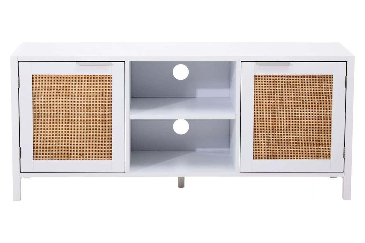 White TV unit with rattan doors and open shelving for media storage