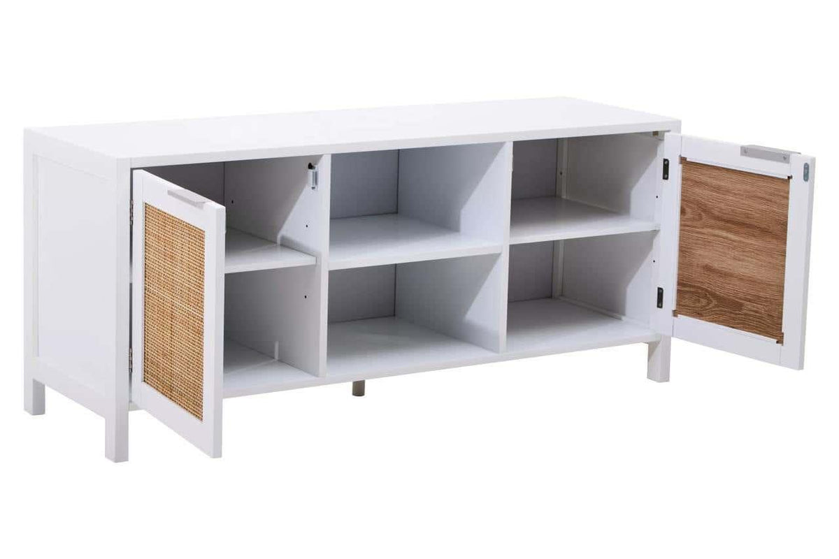 White sideboard unit with open shelving and two doors featuring wood and rattan panels