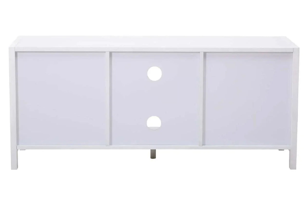 White sideboard cabinet with three sliding doors and circular cut-out handles