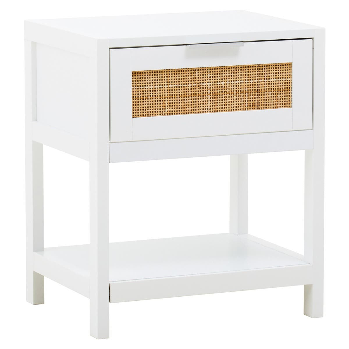 White wooden side table featuring one drawer with a rattan front and an open shelf below. The table has clean lines and a modern design, suitable for various home decor styles