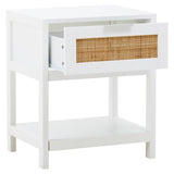 White wooden side table featuring one rattan drawer and an open shelf underneath. The drawer is partially open, showcasing the woven rattan design. The table has clean lines and a minimalist aesthetic, suitable for various home decor styles