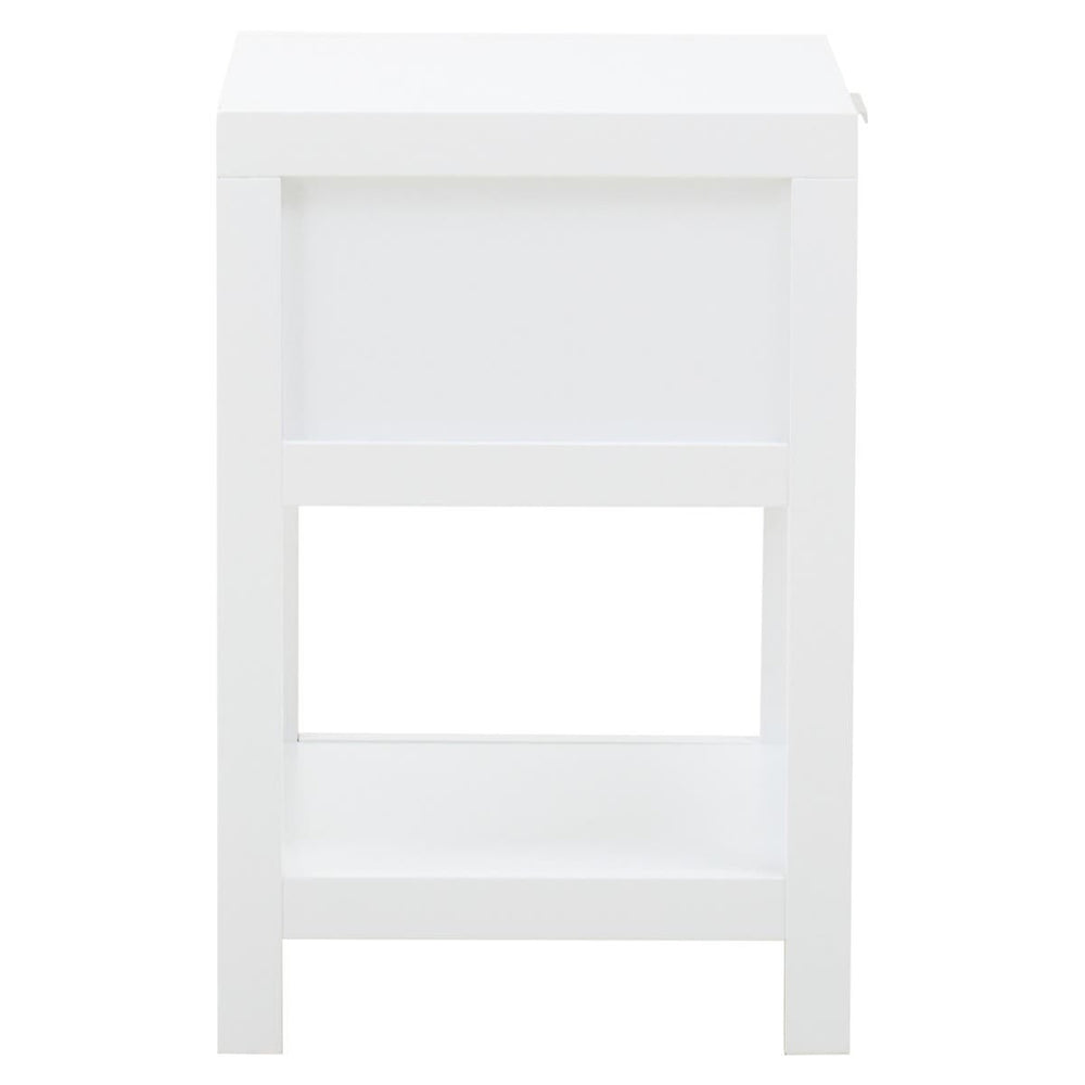 White wooden side table featuring one drawer and an open shelf below, with a rattan accent on the drawer front. The table has clean lines and a minimalist design, suitable for various home decor styles