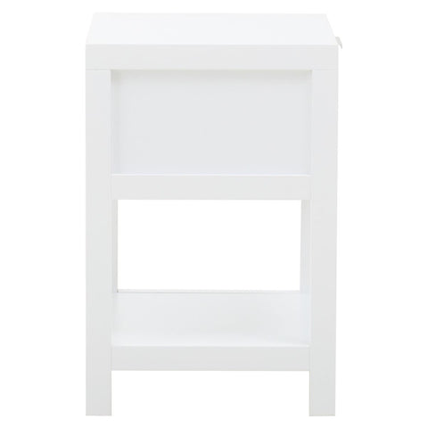 White wooden side table featuring one drawer and an open shelf below, with a rattan accent on the drawer front. The table has clean lines and a minimalist design, suitable for various home decor styles
