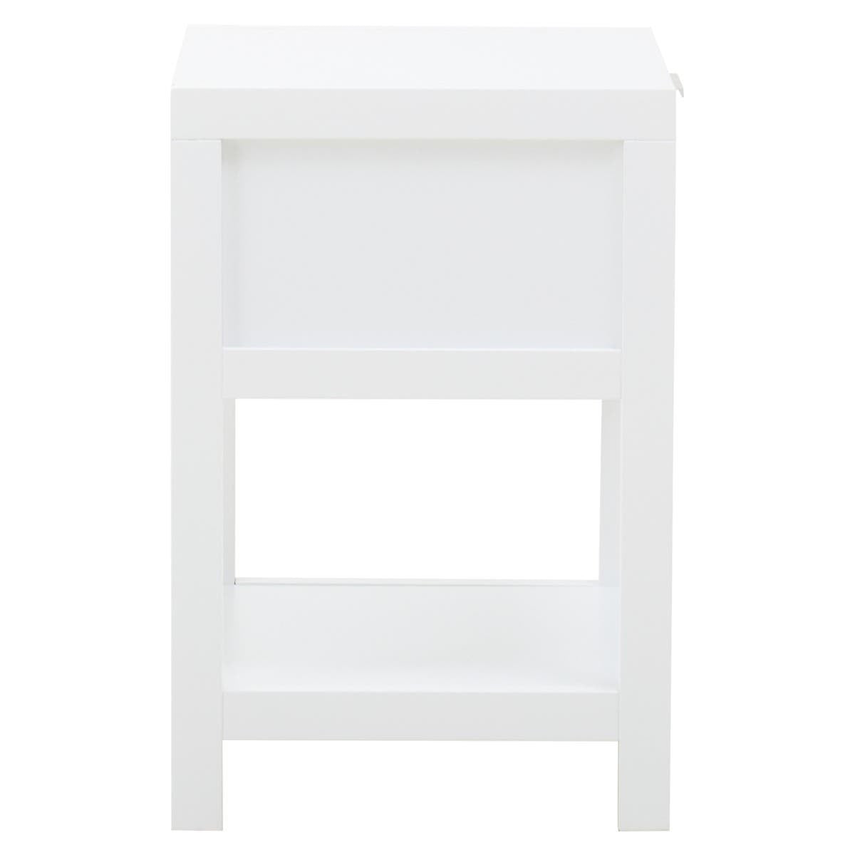 White wooden side table featuring one drawer and an open shelf below, with a rattan accent on the drawer front. The table has clean lines and a minimalist design, suitable for various home decor styles