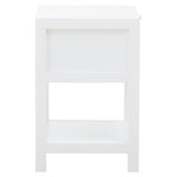 White wooden side table featuring one drawer and an open shelf below, with a rattan accent on the drawer front. The table has clean lines and a minimalist design, suitable for various home decor styles