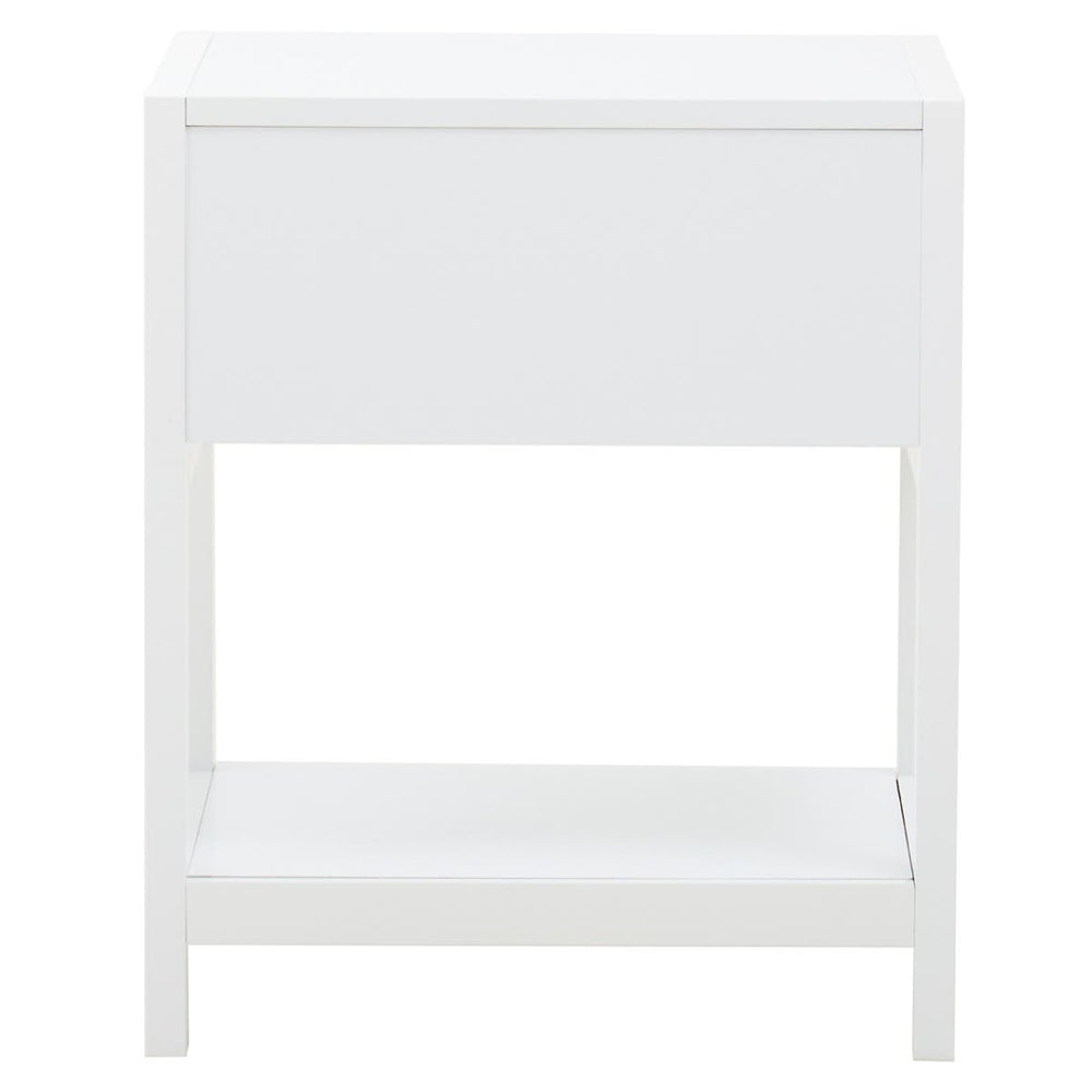 White wood side table with one drawer and an open shelf underneath, featuring a minimalist design and clean lines. The table has a smooth finish and is supported by four sturdy legs