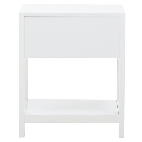 White wood side table with one drawer and an open shelf underneath, featuring a minimalist design and clean lines. The table has a smooth finish and is supported by four sturdy legs