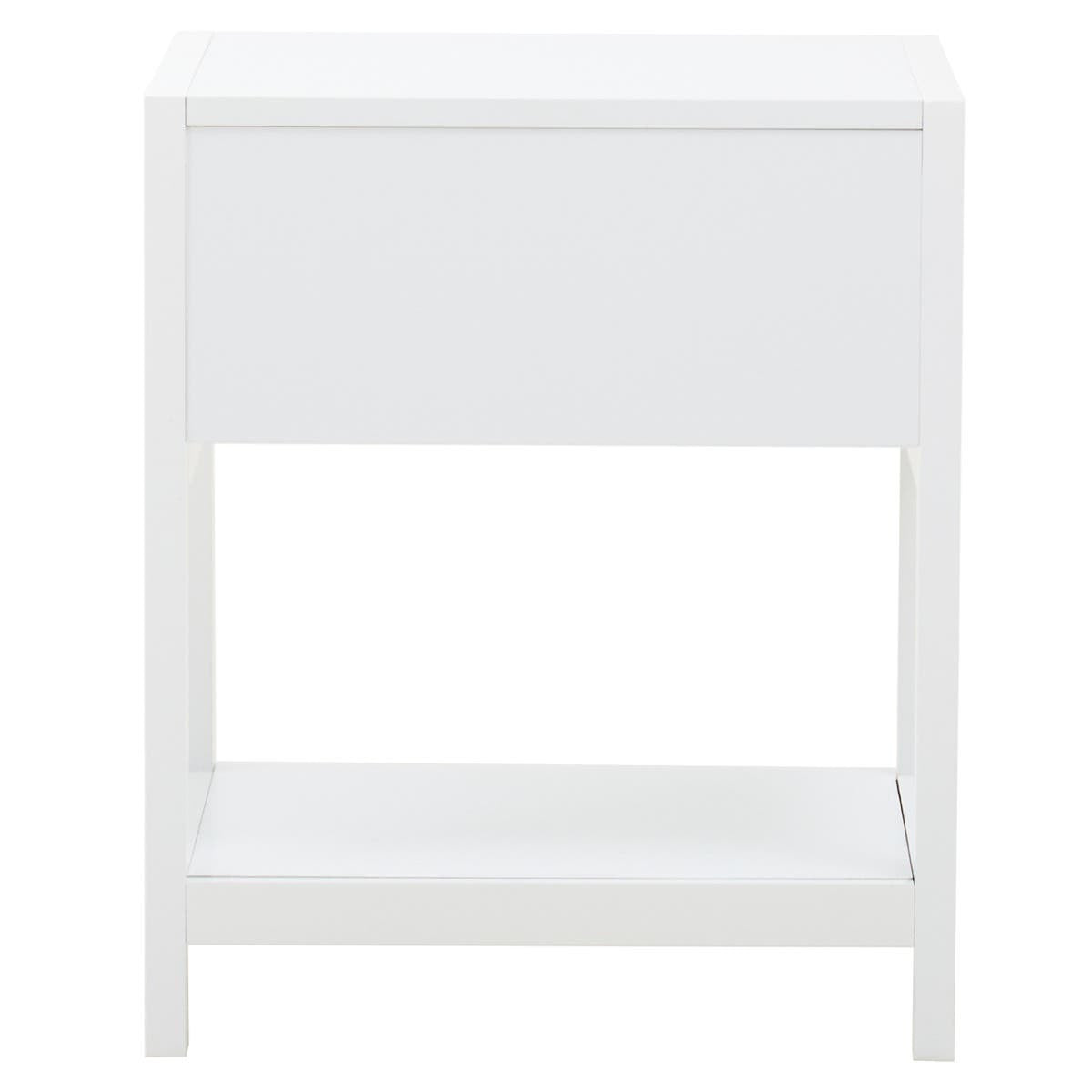 White wood side table with one drawer and an open shelf underneath, featuring a minimalist design and clean lines. The table has a smooth finish and is supported by four sturdy legs