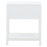 White wood side table with one drawer and an open shelf underneath, featuring a minimalist design and clean lines. The table has a smooth finish and is supported by four sturdy legs