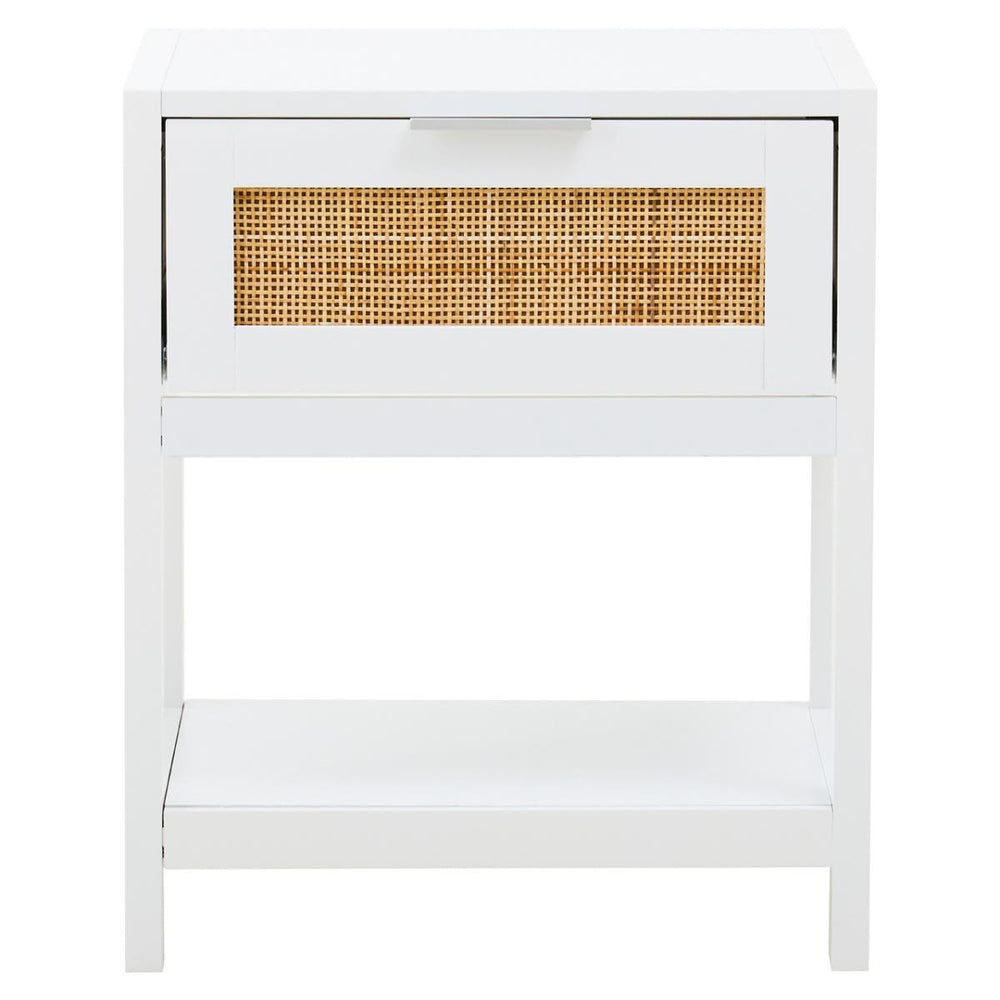 White wood side table featuring a single drawer with a rattan front and an open shelf below. The table has clean lines and a minimalist design, suitable for various home decor styles