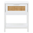 White wood side table featuring a single drawer with a rattan front and an open shelf below. The table has clean lines and a minimalist design, suitable for various home decor styles