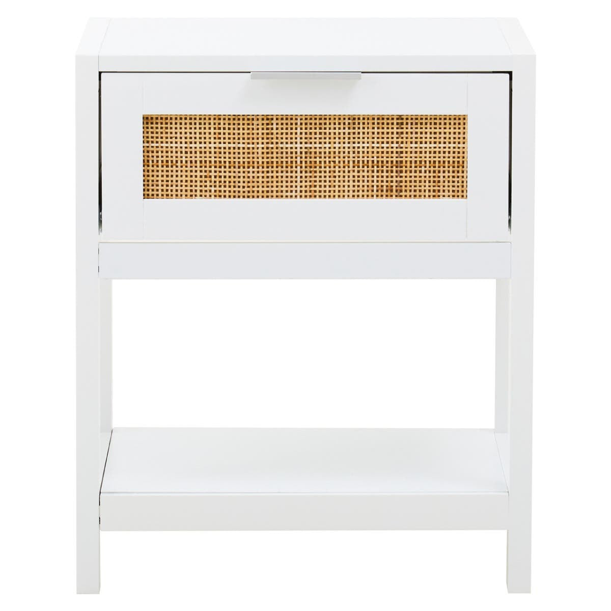 White wood side table featuring a single drawer with a rattan front and an open shelf below. The table has clean lines and a minimalist design, suitable for various home decor styles