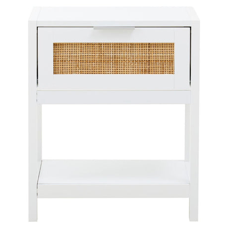 White wood side table featuring a single drawer with a rattan front and an open shelf below. The table has clean lines and a minimalist design, suitable for various home decor styles