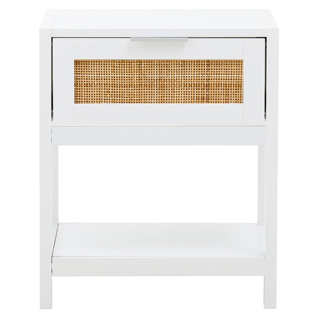 White wood side table featuring a single drawer with a rattan front and an open shelf below. The table has clean lines and a minimalist design, suitable for various home decor styles