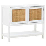 White wooden side cabinet featuring two rattan fronted drawers, a lower shelf, and a clean, modern design suitable for home decor