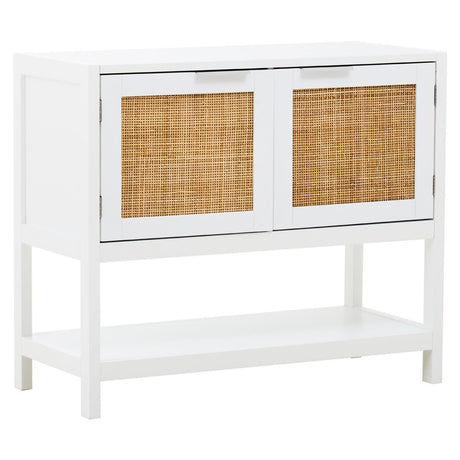 White wooden side cabinet featuring two rattan fronted drawers, a lower shelf, and a clean, modern design suitable for home decor